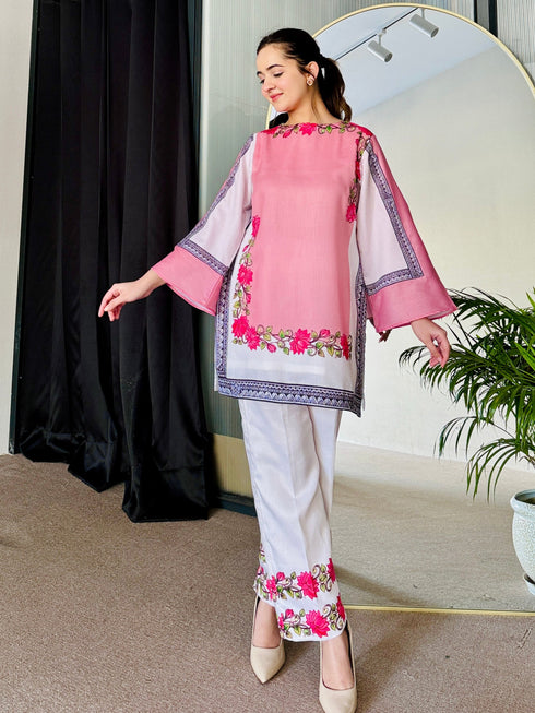 Pink White Summer Kurta Set